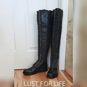 Lust For Life Black Leather Knee-high Boots Leather Laces Peuter Hardware New
